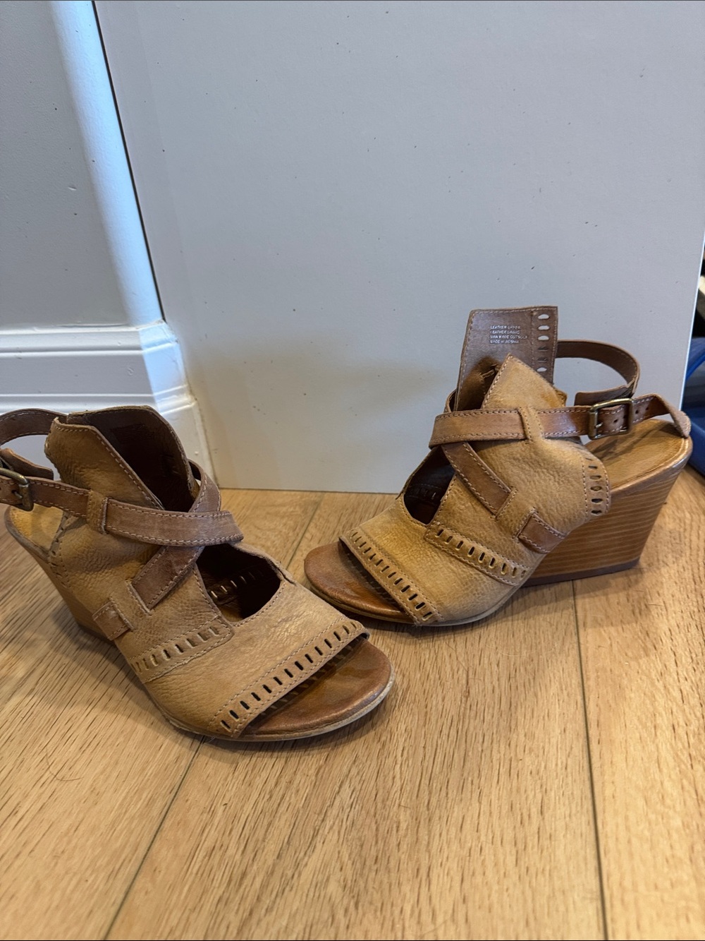 Miz Mooz Tan Leather Strappy Wedge Sandals